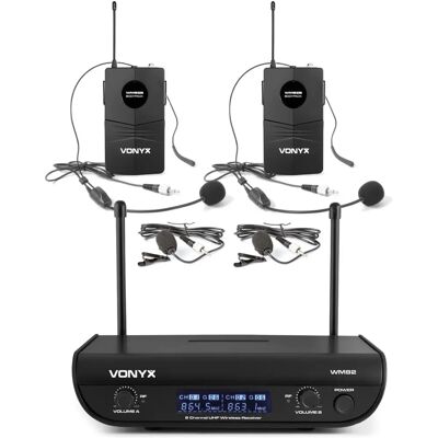 Vonyx WM82B Drahtloses Mikrofonsystem - 2-Kanal UHF, 2 Kopfhörer, 50m Reichweite Vonyx WM82B Drahtloses Mikrofonsystem - 2-Kanal UHF, 2 Kopfhörer, 50m Reichweite