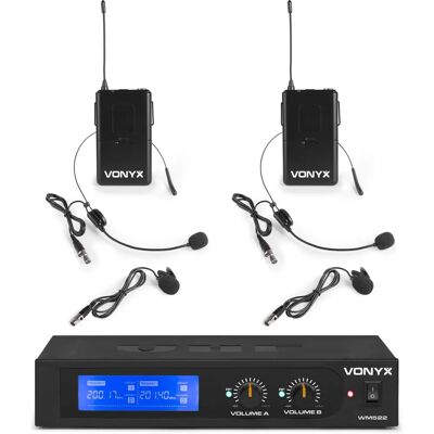 Système Microphone Sans Fil Vonyx WM522B - VHF Double, Casque et Bodypack Système Microphone Sans Fil Vonyx WM522B - VHF Double, Casque et Bodypack