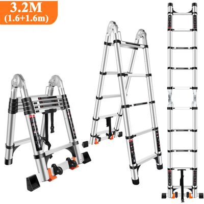 STOEX - Escalera telescópica de aluminio 3,2 m - 2 ruedas - 150 kg - Escalera STOEX - Escalera telescópica de aluminio 3,2 m - 2 ruedas - 150 kg - Escalera