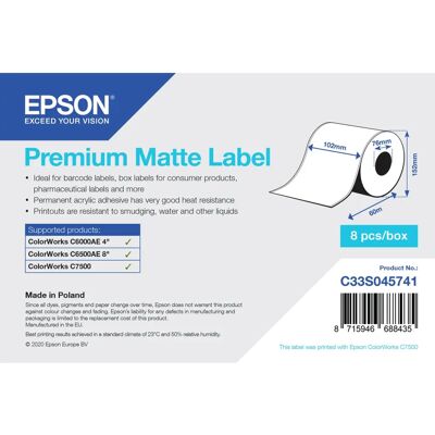 Epson C33S045741 Premium Matt Etiketten - Endlosrolle 102mm x 60m Epson C33S045741 Premium Matt Etiketten - Endlosrolle 102mm x 60m