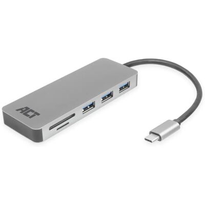 ACT Marke USB-C Hub & Kartenleser - Grau - 3 USB-A, 1 USB-C - 55W PD ACT Marke USB-C Hub & Kartenleser - Grau - 3 USB-A, 1 USB-C - 55W PD