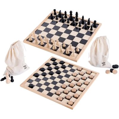 Ensemble d’Échecs & Dames en Bois - 40cm 2 Sacs 3cm Pièces - Jeu de Stratégie Ensemble d’Échecs & Dames en Bois - 40cm 2 Sacs 3cm Pièces - Jeu de Stratégie