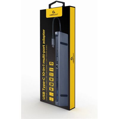 Gembird USB Hub 10-in-1 Type-C Grey - USB Hub/Port Replicator Gembird USB Hub 10-in-1 Type-C Grey - USB Hub/Port Replicator