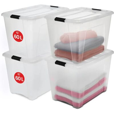 Iris Ohyama - Set di 4 Contenitori in Plastica, 60L, Trasparente, Clips, Impilabili - Articoli di deposito Iris Ohyama - Set di 4 Contenitori in Plastica, 60L, Trasparente, Clips, Impilabili - Articoli di deposito