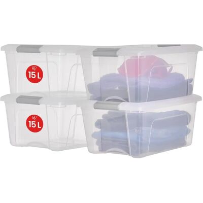 Iris Ohyama - Boîte de rangement argentée 15L avec couvercle et clips - Résistante et empilable Iris Ohyama - Boîte de rangement argentée 15L avec couvercle et clips - Résistante et empilable