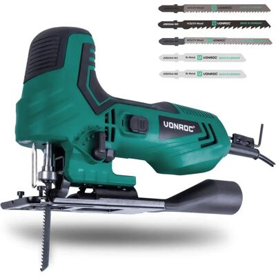 VONROC Stichsäge - 550W, variable Geschwindigkeit, -45° bis 45° - 5 Sägeblätter & Führung VONROC Stichsäge - 550W, variable Geschwindigkeit, -45° bis 45° - 5 Sägeblätter & Führung