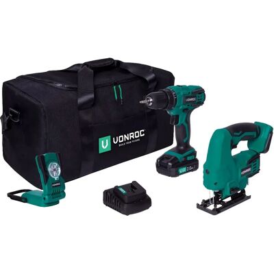 VONROC Akku-Werkzeugsatz - 20V, Inklusive Bohrmaschine, Stichsäge, LED-Arbeitslicht VONROC Akku-Werkzeugsatz - 20V, Inklusive Bohrmaschine, Stichsäge, LED-Arbeitslicht