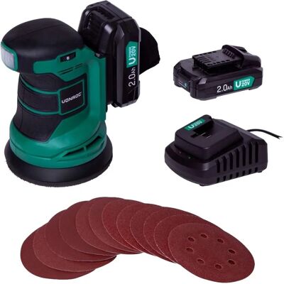 VONROC Exzenterschleifer 20V - Ø125mm, 2 Akkus, Staubbeutel, 12 Schleifpapiere VONROC Exzenterschleifer 20V - Ø125mm, 2 Akkus, Staubbeutel, 12 Schleifpapiere