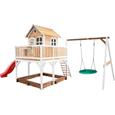 AXI Garten-Spielhaus Stelzenhaus Liam Holz Braun Weiß mit Sandkasten, Nest-Schaukel und Rutsche Rot AXI Garten-Spielhaus Stelzenhaus Liam Holz Braun Weiß mit Sandkasten, Nest-Schaukel und Rutsche Rot