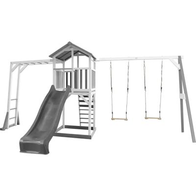 AXI Beach Tower mit Klettergerüst und Doppelschaukel - Grau/weiß - Spielturm AXI Beach Tower mit Klettergerüst und Doppelschaukel - Grau/weiß - Spielturm