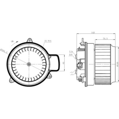 NRF 34287 Luftblæser - Rectangulært stik 150mm - 220W - Højre drejning - 4 poler NRF 34287 Luftblæser - Rectangulært stik 150mm - 220W - Højre drejning - 4 poler