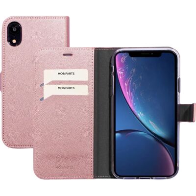 Étui portefeuille Saffiano Rose Mobiparts pour iPhone XR - Publicité Étui portefeuille Saffiano Rose Mobiparts pour iPhone XR - Publicité