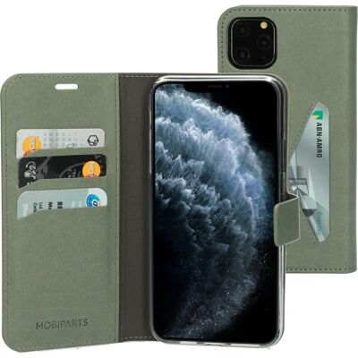 Étui portefeuille Mobiparts pour iPhone 11 Pro Max Vert Pierre - Publicité Étui portefeuille Mobiparts pour iPhone 11 Pro Max Vert Pierre - Publicité