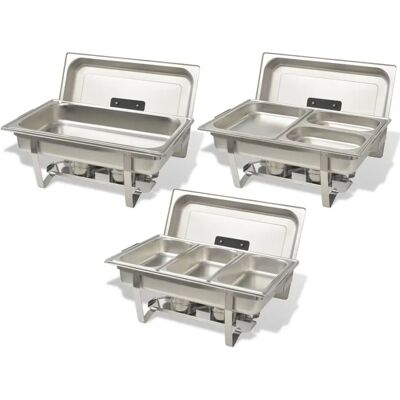 vidaXL Juego de 3 Bandejas Calentadoras en Acero Inoxidable - Bandeja de comida, agua, soporte y quemador vidaXL Juego de 3 Bandejas Calentadoras en Acero Inoxidable - Bandeja de comida, agua, soporte y quemador