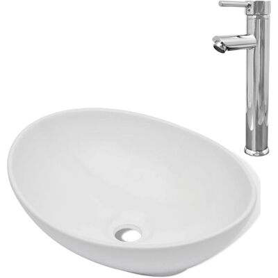 vidaXL Łazienkowa umywalka z mieszaczem ceramiczna owalna biała - Umywalka łazienkowa vidaXL Łazienkowa umywalka z mieszaczem ceramiczna owalna biała - Umywalka łazienkowa
