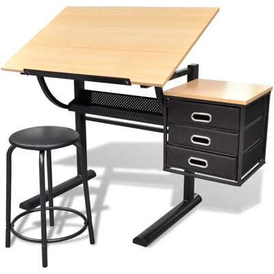vidaXL Braune neigbare Zeichentisch mit 3 Schubladen & Hocker vidaXL Braune neigbare Zeichentisch mit 3 Schubladen & Hocker