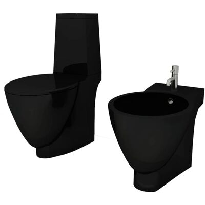vidaXL Schwarzes Keramik-Toiletten- und Bidet-Set - Toilette und Bidet vidaXL Schwarzes Keramik-Toiletten- und Bidet-Set - Toilette und Bidet