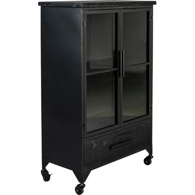 Boite à design Schwarze Holz-Metall Vitrine mit Rädern Boite à design Schwarze Holz-Metall Vitrine mit Rädern