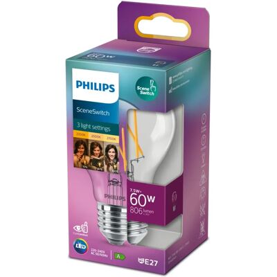 Lampadina LED Philips Bianco Caldo E27 - Efficienza energetica, SceneSwitch, 7.5W Lampadina LED Philips Bianco Caldo E27 - Efficienza energetica, SceneSwitch, 7.5W