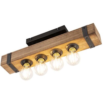 Qazqa - Lámpara de techo industrial Reena - Madera y acero - Máx 4 x 30W - Marrón Qazqa - Lámpara de techo industrial Reena - Madera y acero - Máx 4 x 30W - Marrón