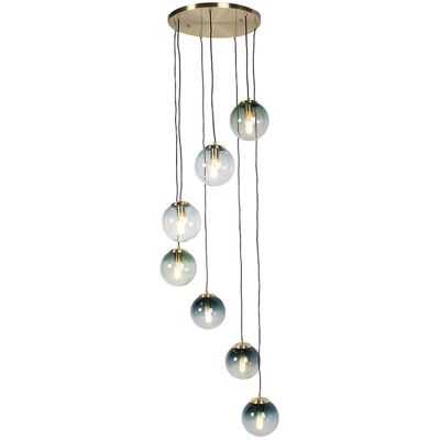 Lampada a sospensione Art Deco in ottone con 7 paralumi blu oceano e verde - Pallon Lampada a sospensione Art Deco in ottone con 7 paralumi blu oceano e verde - Pallon