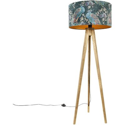 QAZQA Wooden Tripod Peacock Print Lamp - Indoor Decor QAZQA Wooden Tripod Peacock Print Lamp - Indoor Decor