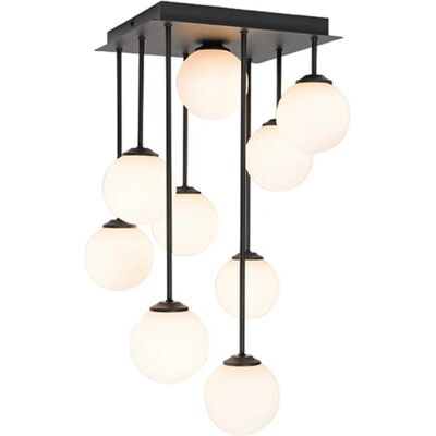 Qazqa Lámpara de Techo Moderna Negra con Cristal Opalino 9 Luces - Acero/Cristal Cuadrada Qazqa Lámpara de Techo Moderna Negra con Cristal Opalino 9 Luces - Acero/Cristal Cuadrada