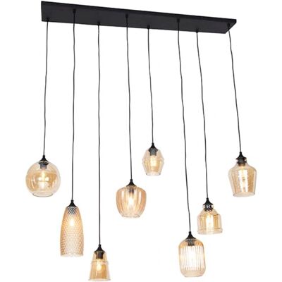 Lámpara colgante negra con cristal ámbar Art Deco - 8 luces - Qazqa Lámpara colgante negra con cristal ámbar Art Deco - 8 luces - Qazqa