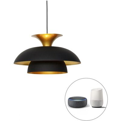 Qazqa Moderno Lámpara colgante inteligente negra dorada - E27 - 50cm Qazqa Moderno Lámpara colgante inteligente negra dorada - E27 - 50cm