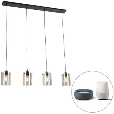 QAZQA Lámpara colgante inteligente negra con cristal ahumado - 4 WiFi ST64 QAZQA Lámpara colgante inteligente negra con cristal ahumado - 4 WiFi ST64