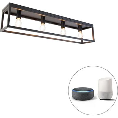 Qazqa Lámpara de Techo Industrial Negra 99,5cm WiFi Jaula Acero Rectangular - Adecuada para LED Max 4x4.9W Qazqa Lámpara de Techo Industrial Negra 99,5cm WiFi Jaula Acero Rectangular - Adecuada para LED Max 4x4.9W