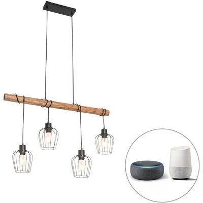 Lámpara colgante inteligente negra de madera Qazqa - 4 Wifi A60 - Rústico Lámpara colgante inteligente negra de madera Qazqa - 4 Wifi A60 - Rústico