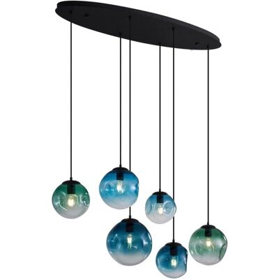 Suspension Art Déco noire avec verre vert et bleu 6 lumières - Douglass Verre/Métal Allongée/Sphère - Publicité Suspension Art Déco noire avec verre vert et bleu 6 lumières - Douglass Verre/Métal Allongée/Sphère - Publicité