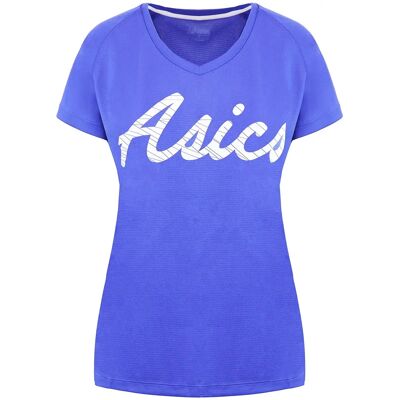 Asics blauwe V-hals dames T-shirt - Korte mouwen - Logo grafisch Asics blauwe V-hals dames T-shirt - Korte mouwen - Logo grafisch