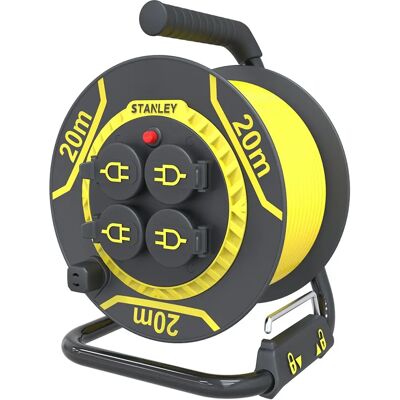 Enrouleur de câble extension Stanley 20m - 4 Prises, IP44 - Publicité Enrouleur de câble extension Stanley 20m - 4 Prises, IP44 - Publicité