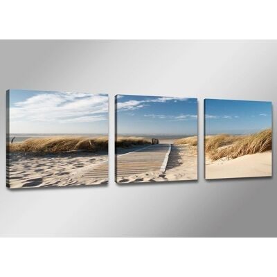 Karo-art - Uitzicht op Noordzee - Blue/Beige - 3luik - Doekschilderij Karo-art - Uitzicht op Noordzee - Blue/Beige - 3luik - Doekschilderij