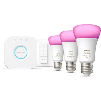 Philips Hue Blanc & Couleur Ambiance Starterset 3xE27 + Pont + 1 Interrupteur Dimmer (929002468804) - Publicité Philips Hue Blanc & Couleur Ambiance Starterset 3xE27 + Pont + 1 Interrupteur Dimmer (929002468804) - Publicité