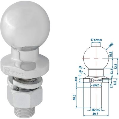Pricenet M22 Bal - Ø50 mm, E13 goedgekeurd, max 2000kg Pricenet M22 Bal - Ø50 mm, E13 goedgekeurd, max 2000kg