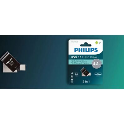 Clé USB-C à double interface 32GB Philips - USB 3.1 - Publicité Clé USB-C à double interface 32GB Philips - USB 3.1 - Publicité