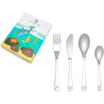 Zilverstad Sea Life 4-częściowy zestaw sztućców dla dzieci ze stali nierdzewnej Zilverstad Sea Life 4-częściowy zestaw sztućców dla dzieci ze stali nierdzewnej