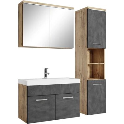 Ensemble salle de bain BADPLAATS Paso 80cm Chêne Foncé avec Gris - Miroir et Armoires Hautes - Publicité Ensemble salle de bain BADPLAATS Paso 80cm Chêne Foncé avec Gris - Miroir et Armoires Hautes - Publicité