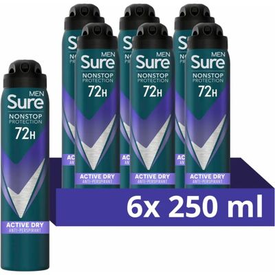 Sure Men Nonstop Protection Active Dry Antiperspirant Deodorant with Body Heat Activated technology Spray for 72-hour odour and sweat protection 6x 250 ml Sure Men Nonstop Protection Active Dry Antiperspirant Deodorant with Body Heat Activated technology Spray for 72-hour odour and sweat protection 6x 250 ml