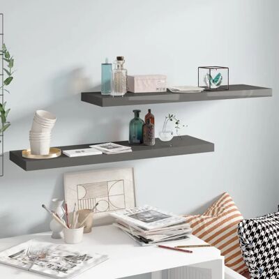 vidaXL 2x Estantes Flotantes de Pared de Alto Brillo Gris 90x23.5x3.8 cm MDF - Estantes de Pared vidaXL 2x Estantes Flotantes de Pared de Alto Brillo Gris 90x23.5x3.8 cm MDF - Estantes de Pared