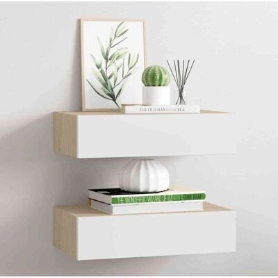 vidaXL 2x Wandplanken met lade Eiken en wit MDF - Wandplanken vidaXL 2x Wandplanken met lade Eiken en wit MDF - Wandplanken