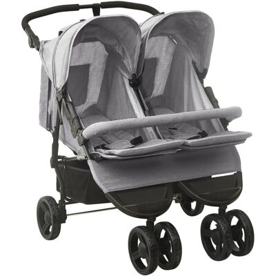 vidaXL Poussette Jumeaux Gris Clair en Acier - Landau pour Bébé vidaXL Poussette Jumeaux Gris Clair en Acier - Landau pour Bébé