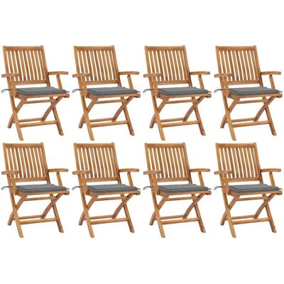 vidaXL Faltbare Gartenstühle - Teak, 8 Stück, Grau, Kissen vidaXL Faltbare Gartenstühle - Teak, 8 Stück, Grau, Kissen