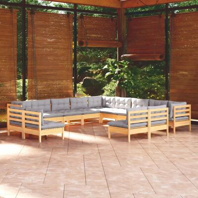 vidaXL 13-tlg. Garten-Lounge-Set mit Grauen Kissen - Gartenmöbel vidaXL 13-tlg. Garten-Lounge-Set mit Grauen Kissen - Gartenmöbel