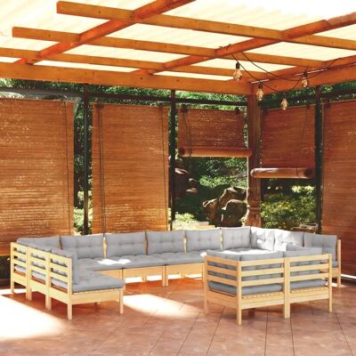 vidaXL 12-tlg. Garten-Lounge-Set mit Grauen Kissen - Gartenmöbel vidaXL 12-tlg. Garten-Lounge-Set mit Grauen Kissen - Gartenmöbel