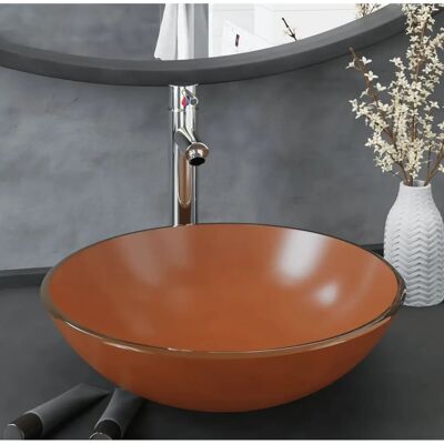 vidaXL Braune runde Waschtisch aus gehärtetem Glas mit Wasserhahn & Ablauf vidaXL Braune runde Waschtisch aus gehärtetem Glas mit Wasserhahn & Ablauf
