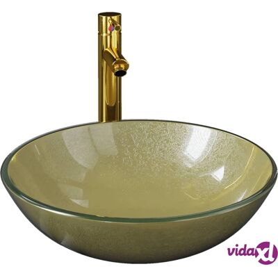 vidaXL Gold Tempered Glass Badezimmer Waschbecken mit Wasserhahn & Ablaufgarnitur vidaXL Gold Tempered Glass Badezimmer Waschbecken mit Wasserhahn & Ablaufgarnitur